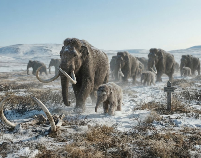 A woolly mammoth calf walking closely behind its herd in a snowy environment.