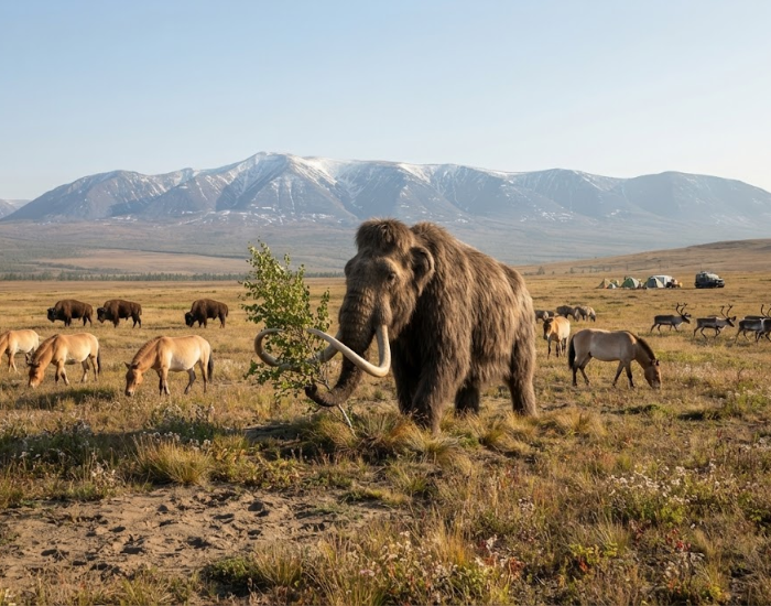 A woolly mammoth feeding on a small tree in a grassy steppe with mountains in the background.