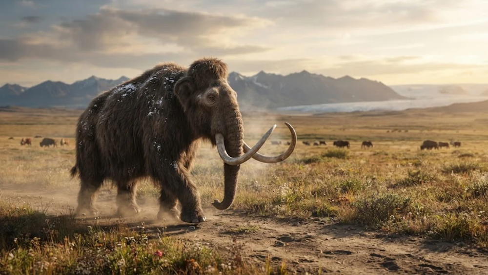 a hero image of a mammoth walking during the ice age