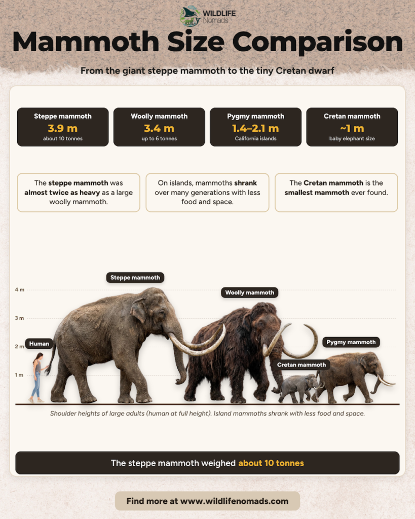 An infographic titled "Mammoth Size Comparison" comparing the 3.9m Steppe Mammoth, 3.4m Woolly Mammoth, Pygmy Mammoth, and tiny Cretan Mammoth next to a human.