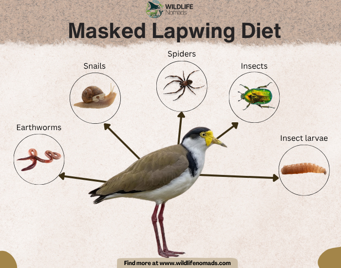 Educational infographic detailing the diet of the Masked Lapwing, pointing to earthworms, snails, spiders, insects, and insect larvae.