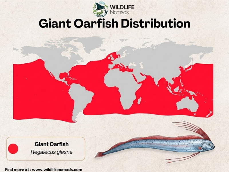 World map graphic illustrating the global ocean distribution of the giant oarfish in highlighted red areas.