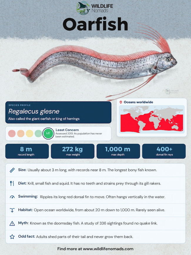 Educational infographic detailing species profile, size, diet, habitat, and myths about the giant oarfish (Regalecus glesne)