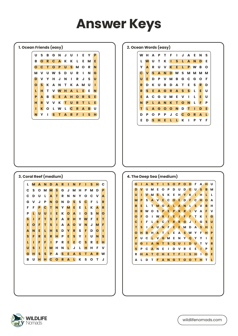 Answer keys page from the Ocean Puzzle Book