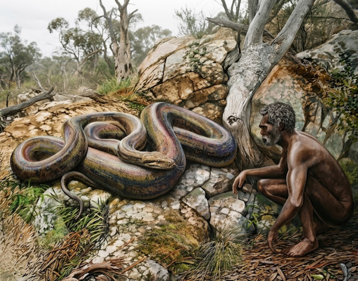 Digital illustration of Wonambi, an extinct giant Australian python, coiled on rocky ground.