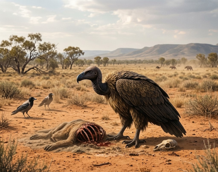 Digital illustration of Australia's extinct giant vulture standing in an open landscape.