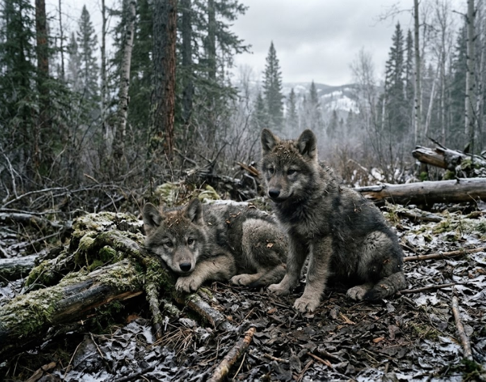 Two wolf pups resting together on mossy ground in a snowy pine forest.