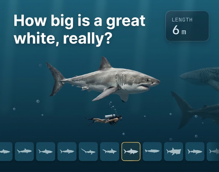 How big is a great white, really? A great white shark beside a scuba diver at true scale