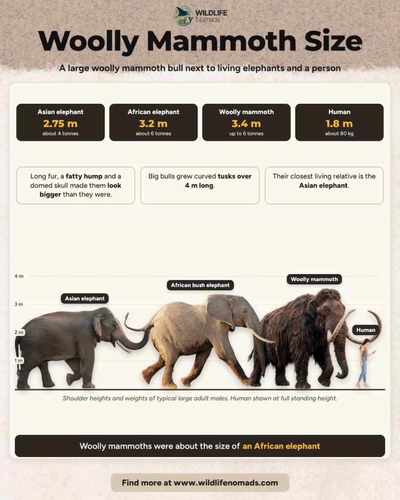 An infographic titled "Woolly Mammoth Size" showing a large woolly mammoth bull compared in height and weight to an Asian elephant, African bush elephant, and a human.